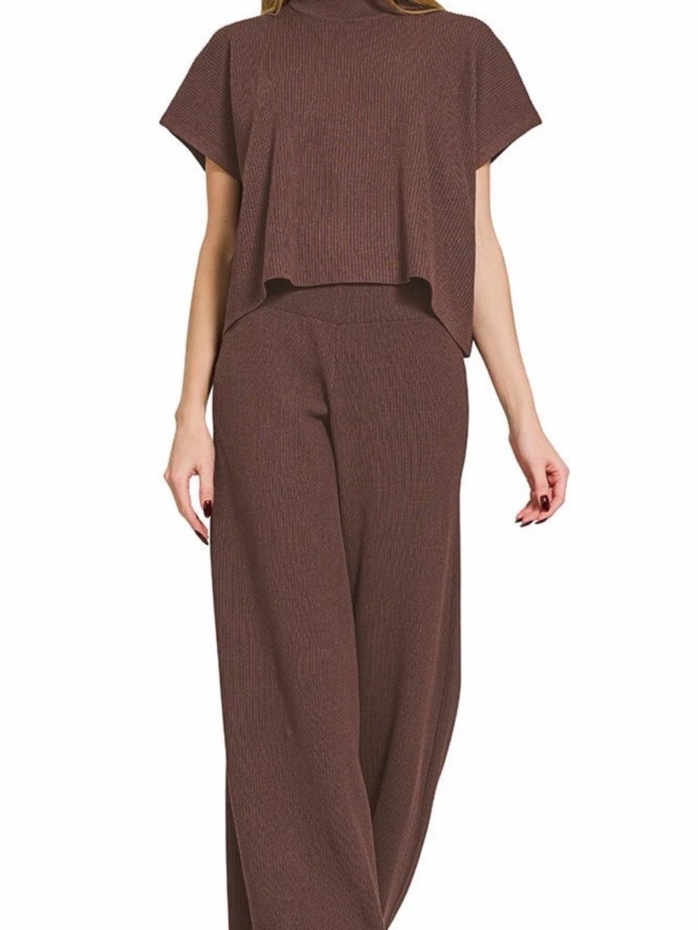 NWOT Zenana Wide-Leg Brown Ribbed pant set sz L